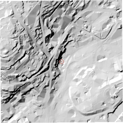 Shaded relief map of the ground around BS12NU, computed from Environment Agency LiDAR. The ground here sits at about 9 m above sea level and falls 73 m across the surrounding 800 m. Surface water reaching this point runs off ground lying to the west, 65.7 m higher.