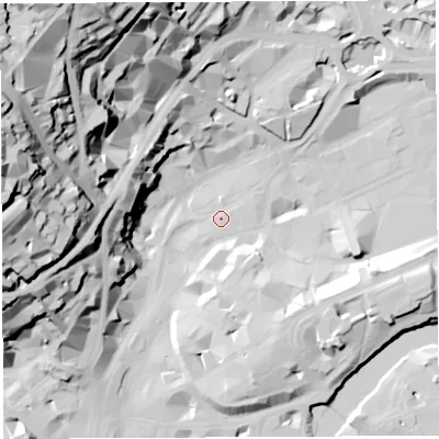 Shaded relief map of the ground around BS12PY, computed from Environment Agency LiDAR. The ground here sits at about 9 m above sea level and falls 66 m across the surrounding 800 m. Surface water reaching this point runs off ground lying to the west-south-west, 29.5 m higher.
