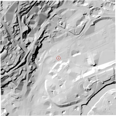 Shaded relief map of the ground around BS12PZ, computed from Environment Agency LiDAR. The ground here sits at about 9 m above sea level and falls 66 m across the surrounding 800 m. Surface water reaching this point runs off ground lying to the south-south-east, 6.2 m higher.