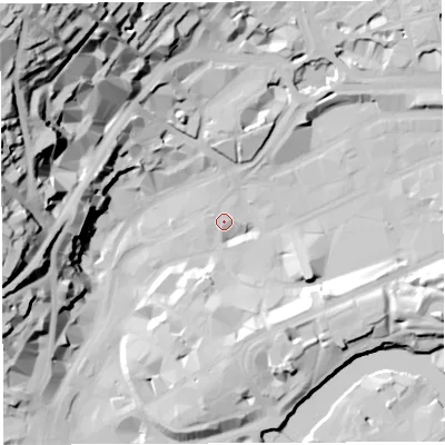 Shaded relief map of the ground around BS12QD, computed from Environment Agency LiDAR. The ground here sits at about 9 m above sea level and falls 65 m across the surrounding 800 m. Surface water reaching this point runs off ground lying to the south-south-west, 9.5 m higher.