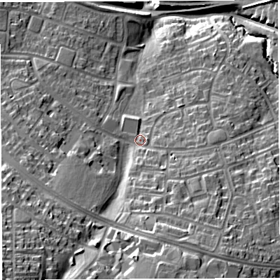 Shaded relief map of the ground around BS130AA, computed from Environment Agency LiDAR. The ground here sits at about 48 m above sea level and falls 38 m across the surrounding 800 m. Surface water reaching this point runs off ground lying to the south, 3.5 m higher.