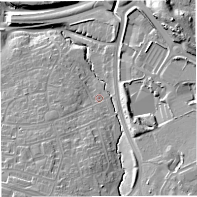 Shaded relief map of the ground around BS130AJ, computed from Environment Agency LiDAR. The ground here sits at about 46 m above sea level and falls 30 m across the surrounding 800 m. Surface water reaching this point runs off ground lying to the south-east, 17.9 m higher.