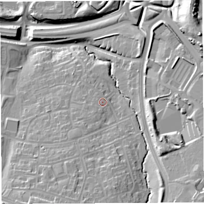 Shaded relief map of the ground around BS130AL, computed from Environment Agency LiDAR. The ground here sits at about 46 m above sea level and falls 31 m across the surrounding 800 m. Surface water reaching this point runs off ground lying to the south-west, 2.1 m higher.