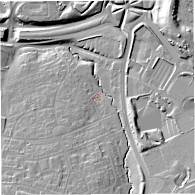 Shaded relief map of the ground around BS130AN, computed from Environment Agency LiDAR. The ground here sits at about 44 m above sea level and falls 31 m across the surrounding 800 m. Surface water reaching this point runs off ground lying to the south-east, 15.3 m higher.