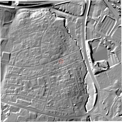 Shaded relief map of the ground around BS130AQ, computed from Environment Agency LiDAR. The ground here sits at about 48 m above sea level and falls 30 m across the surrounding 800 m. Surface water reaching this point runs off ground lying to the south-south-west, 13.2 m higher.