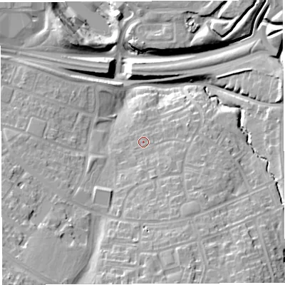 Shaded relief map of the ground around BS130AT, computed from Environment Agency LiDAR. The ground here sits at about 44 m above sea level and falls 28 m across the surrounding 800 m. Surface water reaching this point runs off ground lying to the south-east, 2.4 m higher.