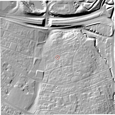 Shaded relief map of the ground around BS130AU, computed from Environment Agency LiDAR. The ground here sits at about 44 m above sea level and falls 30 m across the surrounding 800 m. Surface water reaching this point runs off ground lying to the south, 12.2 m higher.