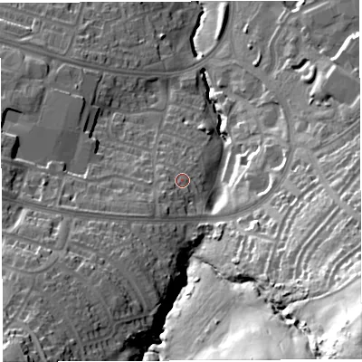 Shaded relief map of the ground around BS130HB, computed from Environment Agency LiDAR. The ground here sits at about 63 m above sea level and falls 59 m across the surrounding 800 m. Surface water reaching this point runs off ground lying to the south-west, 4.1 m higher.