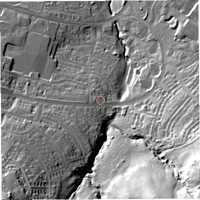 Shaded relief map of the ground around BS130HD, computed from Environment Agency LiDAR. The ground here sits at about 66 m above sea level and falls 62 m across the surrounding 800 m. Surface water reaching this point runs off ground lying to the south-west, 35.8 m higher.