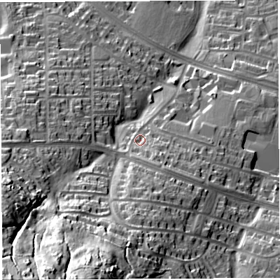 Shaded relief map of the ground around BS130HR, computed from Environment Agency LiDAR. The ground here sits at about 69 m above sea level and falls 83 m across the surrounding 800 m. Surface water reaching this point runs off ground lying to the south-south-east, 7.4 m higher.
