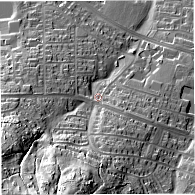 Shaded relief map of the ground around BS130HS, computed from Environment Agency LiDAR. The ground here sits at about 71 m above sea level and falls 90 m across the surrounding 800 m. Surface water reaching this point runs off ground lying to the south-west, 70.1 m higher.