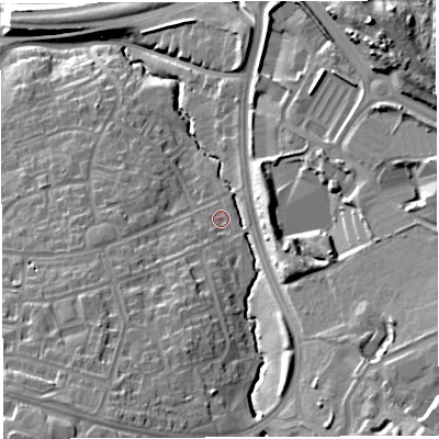 Shaded relief map of the ground around BS130LG, computed from Environment Agency LiDAR. The ground here sits at about 47 m above sea level and falls 33 m across the surrounding 800 m. Surface water reaching this point runs off ground lying to the south-south-west, 8.9 m higher.