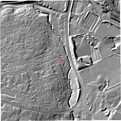 Shaded relief map of the ground around BS130LQ, computed from Environment Agency LiDAR. The ground here sits at about 48 m above sea level and falls 33 m across the surrounding 800 m. Surface water reaching this point runs off ground lying to the south-south-west, 7.5 m higher.