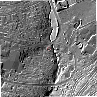 Shaded relief map of the ground around BS130LY, computed from Environment Agency LiDAR. The ground here sits at about 56 m above sea level and falls 42 m across the surrounding 800 m. Surface water reaching this point runs off ground lying to the south-south-east, 26.5 m higher.