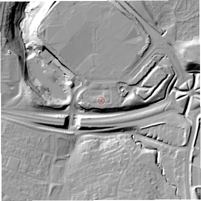 Shaded relief map of the ground around BS137BF, computed from Environment Agency LiDAR. The ground here sits at about 45 m above sea level and falls 32 m across the surrounding 800 m. Surface water reaching this point runs off ground lying to the east, 1.6 m higher.