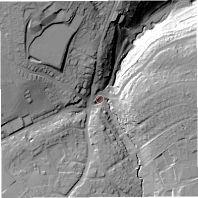 Shaded relief map of the ground around BS137LU, computed from Environment Agency LiDAR. The ground here sits at about 34 m above sea level and falls 50 m across the surrounding 800 m. Surface water reaching this point runs off ground lying to the north-west, 39.2 m higher.