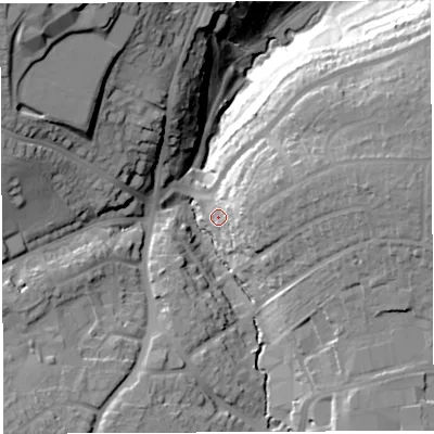 Shaded relief map of the ground around BS137LX, computed from Environment Agency LiDAR. The ground here sits at about 37 m above sea level and falls 45 m across the surrounding 800 m. Surface water reaching this point runs off ground lying to the east-north-east, 19.5 m higher.