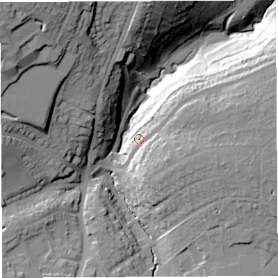 Shaded relief map of the ground around BS137LZ, computed from Environment Agency LiDAR. The ground here sits at about 40 m above sea level and falls 54 m across the surrounding 800 m. Surface water reaching this point runs off ground lying to the east-south-east, 14.4 m higher.