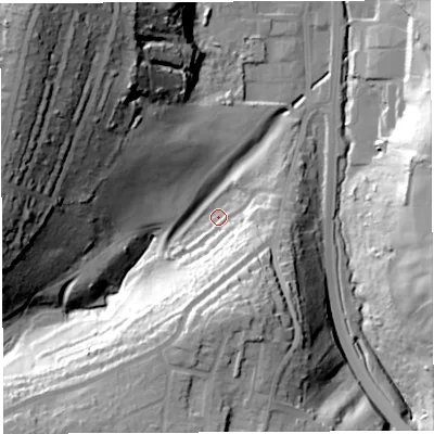 Shaded relief map of the ground around BS137QP, computed from Environment Agency LiDAR. The ground here sits at about 19 m above sea level and falls 57 m across the surrounding 800 m. Surface water reaching this point runs off ground lying to the south, 35.2 m higher.