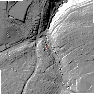 Shaded relief map of the ground around BS137RH, computed from Environment Agency LiDAR. The ground here sits at about 36 m above sea level and falls 42 m across the surrounding 800 m. Surface water reaching this point runs off ground lying to the east-north-east, 22.5 m higher.