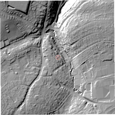 Shaded relief map of the ground around BS137RJ, computed from Environment Agency LiDAR. The ground here sits at about 41 m above sea level and falls 35 m across the surrounding 800 m. Surface water reaching this point runs off ground lying to the south-west, 5.1 m higher.