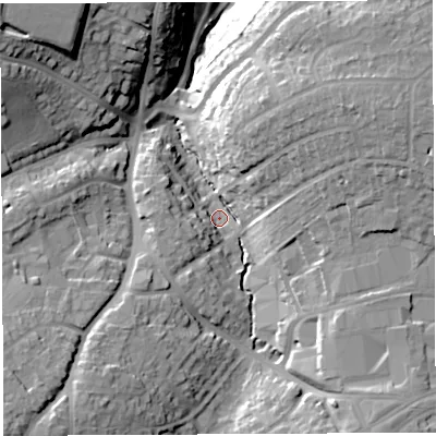 Shaded relief map of the ground around BS137RL, computed from Environment Agency LiDAR. The ground here sits at about 36 m above sea level and falls 34 m across the surrounding 800 m. Surface water reaching this point runs off ground lying to the north-east, 19.1 m higher.