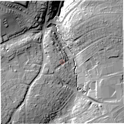 Shaded relief map of the ground around BS137RN, computed from Environment Agency LiDAR. The ground here sits at about 41 m above sea level and falls 33 m across the surrounding 800 m. Surface water reaching this point runs off ground lying to the west-south-west, 5.2 m higher.