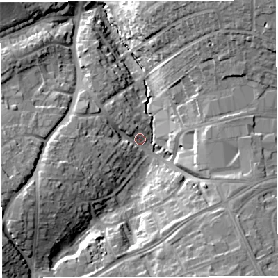 Shaded relief map of the ground around BS137RU, computed from Environment Agency LiDAR. The ground here sits at about 40 m above sea level and falls 27 m across the surrounding 800 m. Surface water reaching this point runs off ground lying to the west-south-west, 13.0 m higher.
