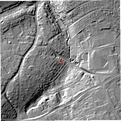 Shaded relief map of the ground around BS137RX, computed from Environment Agency LiDAR. The ground here sits at about 41 m above sea level and falls 28 m across the surrounding 800 m. Surface water reaching this point runs off ground lying to the west-south-west, 13.0 m higher.