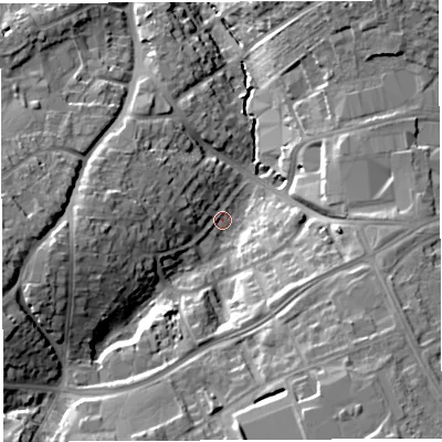 Shaded relief map of the ground around BS137SA, computed from Environment Agency LiDAR. The ground here sits at about 40 m above sea level and falls 25 m across the surrounding 800 m. Surface water reaching this point runs off ground lying to the west, 18.6 m higher.