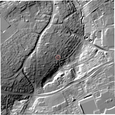 Shaded relief map of the ground around BS137SB, computed from Environment Agency LiDAR. The ground here sits at about 47 m above sea level and falls 28 m across the surrounding 800 m. Surface water reaching this point runs off ground lying to the west, 6.6 m higher.