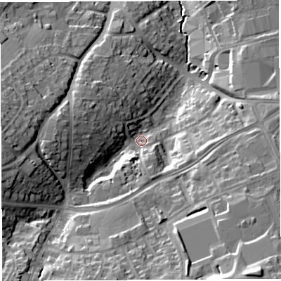 Shaded relief map of the ground around BS137SD, computed from Environment Agency LiDAR. The ground here sits at about 42 m above sea level and falls 26 m across the surrounding 800 m. Surface water reaching this point runs off ground lying to the west, 19.8 m higher.