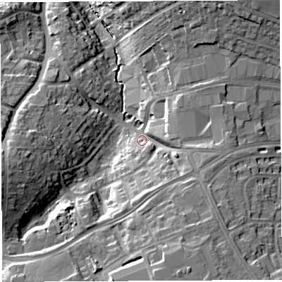 Shaded relief map of the ground around BS137SN, computed from Environment Agency LiDAR. The ground here sits at about 42 m above sea level and falls 22 m across the surrounding 800 m. Surface water reaching this point runs off ground lying to the south-south-east, 14.1 m higher.