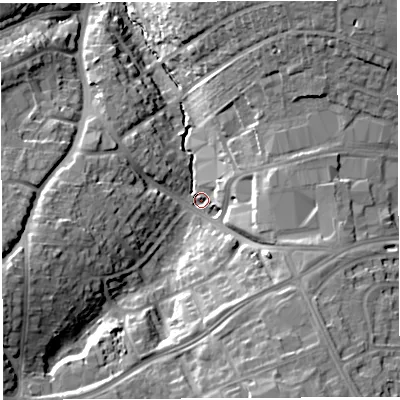 Shaded relief map of the ground around BS137SP, computed from Environment Agency LiDAR. The ground here sits at about 39 m above sea level and falls 25 m across the surrounding 800 m. Surface water reaching this point runs off ground lying to the west-south-west, 18.1 m higher.
