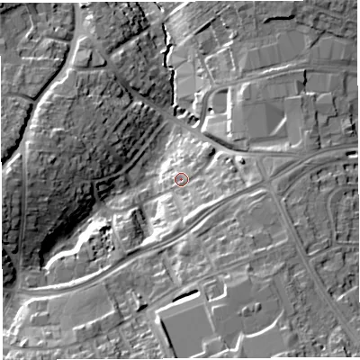 Shaded relief map of the ground around BS137SQ, computed from Environment Agency LiDAR. The ground here sits at about 44 m above sea level and falls 22 m across the surrounding 800 m. Surface water reaching this point runs off ground lying to the south-east, 5.1 m higher.