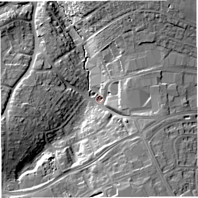 Shaded relief map of the ground around BS137SR, computed from Environment Agency LiDAR. The ground here sits at about 38 m above sea level and falls 23 m across the surrounding 800 m. Surface water reaching this point runs off ground lying to the south-south-east, 14.6 m higher.
