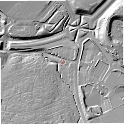 Shaded relief map of the ground around BS137TB, computed from Environment Agency LiDAR. The ground here sits at about 43 m above sea level and falls 31 m across the surrounding 800 m. Surface water reaching this point runs off ground lying to the south-east, 16.9 m higher.