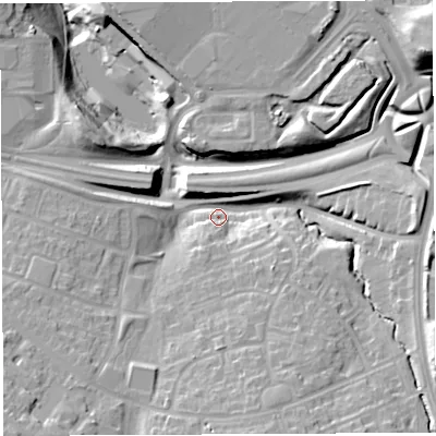 Shaded relief map of the ground around BS137TD, computed from Environment Agency LiDAR. The ground here sits at about 38 m above sea level and falls 29 m across the surrounding 800 m. Surface water reaching this point runs off ground lying to the south-south-east, 16.6 m higher.