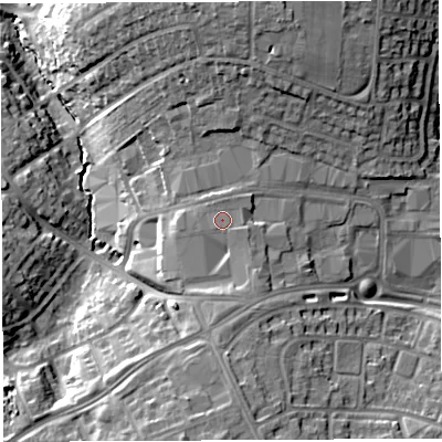 Shaded relief map of the ground around BS137TW, computed from Environment Agency LiDAR. The ground here sits at about 47 m above sea level and falls 24 m across the surrounding 800 m. Surface water reaching this point runs off ground lying to the east-south-east, 0.7 m higher.