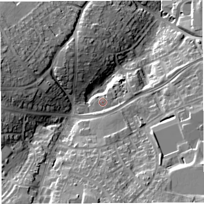Shaded relief map of the ground around BS138EL, computed from Environment Agency LiDAR. The ground here sits at about 48 m above sea level and falls 28 m across the surrounding 800 m. Surface water reaching this point runs off ground lying to the east, 1.0 m higher.
