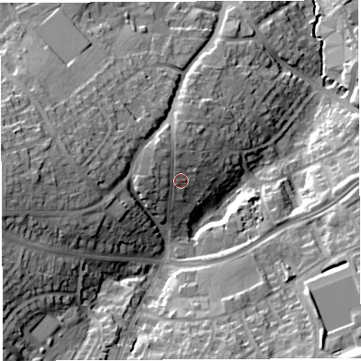 Shaded relief map of the ground around BS138LE, computed from Environment Agency LiDAR. The ground here sits at about 52 m above sea level and falls 32 m across the surrounding 800 m. Surface water reaching this point runs off ground lying to the west-north-west, 4.9 m higher.