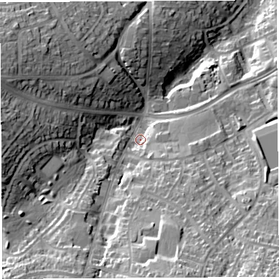 Shaded relief map of the ground around BS138LF, computed from Environment Agency LiDAR. The ground here sits at about 50 m above sea level and falls 32 m across the surrounding 800 m. Surface water reaching this point runs off ground lying to the south-south-east, 22.9 m higher.