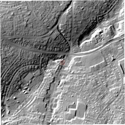 Shaded relief map of the ground around BS138LG, computed from Environment Agency LiDAR. The ground here sits at about 50 m above sea level and falls 32 m across the surrounding 800 m. Surface water reaching this point runs off ground lying to the west, 21.7 m higher.