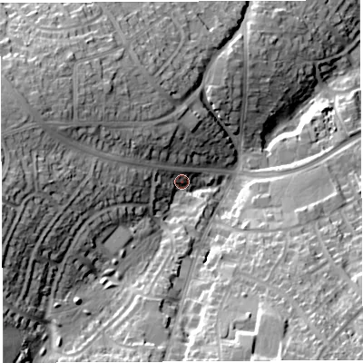 Shaded relief map of the ground around BS138LU, computed from Environment Agency LiDAR. The ground here sits at about 53 m above sea level and falls 34 m across the surrounding 800 m. Surface water reaching this point runs off ground lying to the west, 23.8 m higher.