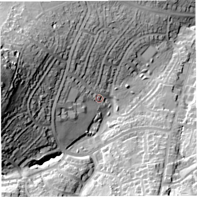 Shaded relief map of the ground around BS138NB, computed from Environment Agency LiDAR. The ground here sits at about 66 m above sea level and falls 58 m across the surrounding 800 m. Surface water reaching this point runs off ground lying to the west-north-west, 42.8 m higher.