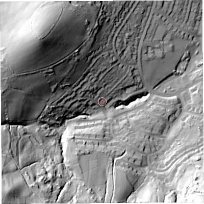 Shaded relief map of the ground around BS138NX, computed from Environment Agency LiDAR. The ground here sits at about 78 m above sea level and falls 87 m across the surrounding 800 m. Surface water reaching this point runs off ground lying to the north-west, 53.5 m higher.
