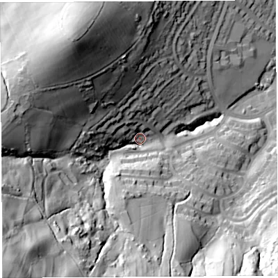 Shaded relief map of the ground around BS138NZ, computed from Environment Agency LiDAR. The ground here sits at about 78 m above sea level and falls 94 m across the surrounding 800 m. Surface water reaching this point runs off ground lying to the south-west, 83.1 m higher.