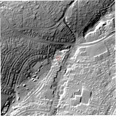 Shaded relief map of the ground around BS138PF, computed from Environment Agency LiDAR. The ground here sits at about 53 m above sea level and falls 34 m across the surrounding 800 m. Surface water reaching this point runs off ground lying to the west, 21.9 m higher.