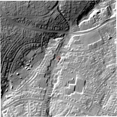 Shaded relief map of the ground around BS138PG, computed from Environment Agency LiDAR. The ground here sits at about 55 m above sea level and falls 35 m across the surrounding 800 m. Surface water reaching this point runs off ground lying to the south-south-east, 22.5 m higher.