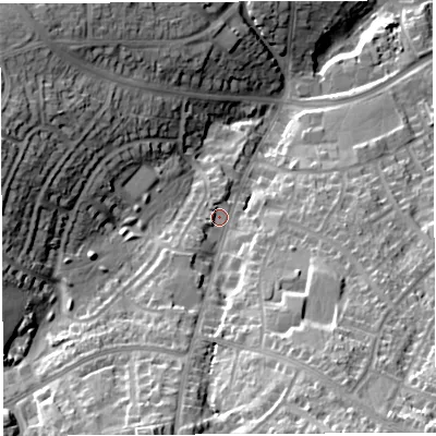 Shaded relief map of the ground around BS138PH, computed from Environment Agency LiDAR. The ground here sits at about 57 m above sea level and falls 36 m across the surrounding 800 m. Surface water reaching this point runs off ground lying to the south-south-east, 21.8 m higher.